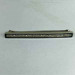 Vintage Art Deco Sterling Silver Black Enamel And Rhinestone Bar Brooch